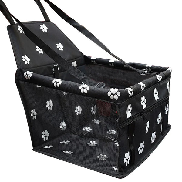 Black mesh pet car hammock and carrier with black straps