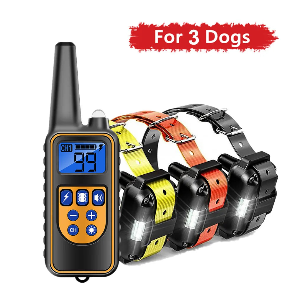 Black remote dog training collar with a yellow strap and orange accents for three dogs