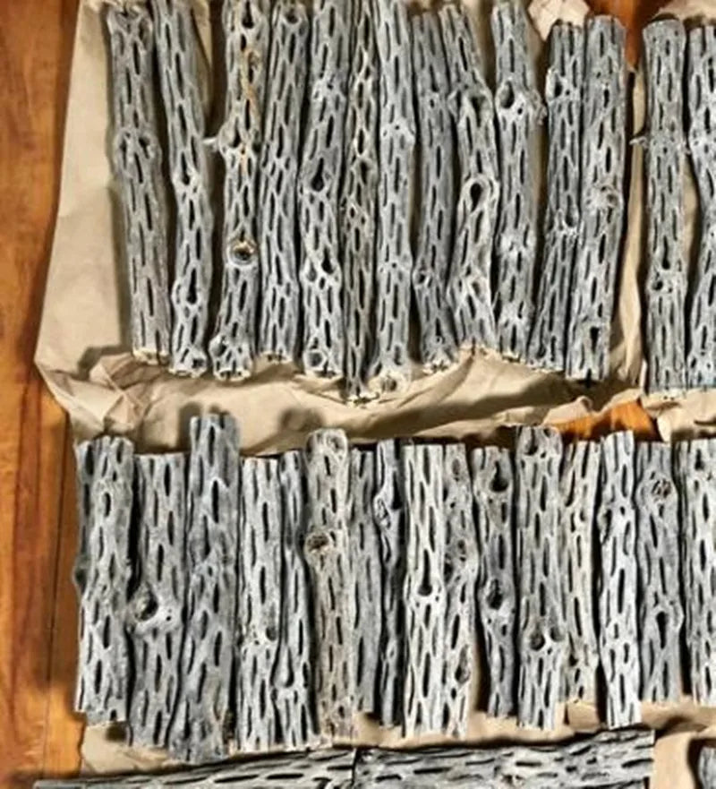 A collection of natural cholla cactus wood shrimp nests for aquariums arranged on brown paper.