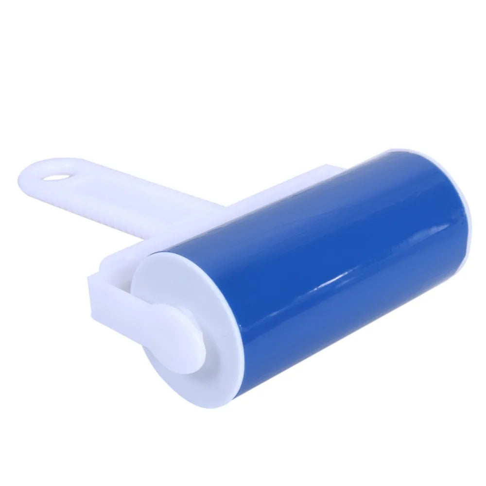 A blue reusable lint and pet hair roller with a white handle.