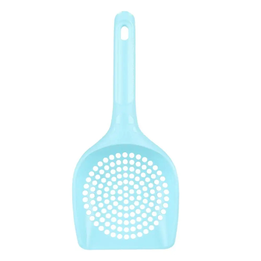 A light blue pet litter scoop with a hollow sifting head.