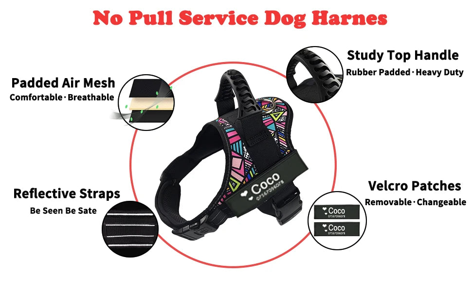 Colorful no-pull dog harness vest featuring padded air mesh, study top handle, reflective straps, and velcro patches