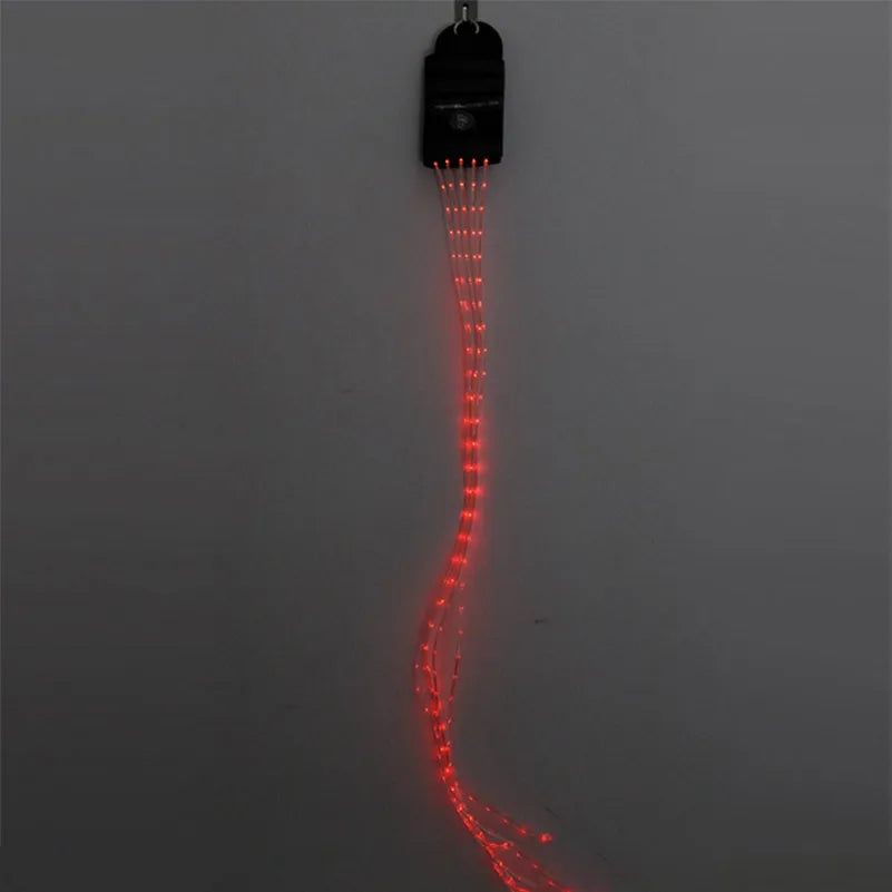 A long, thin red LED light resembling a horse tail is suspended and illuminated against a dark background.