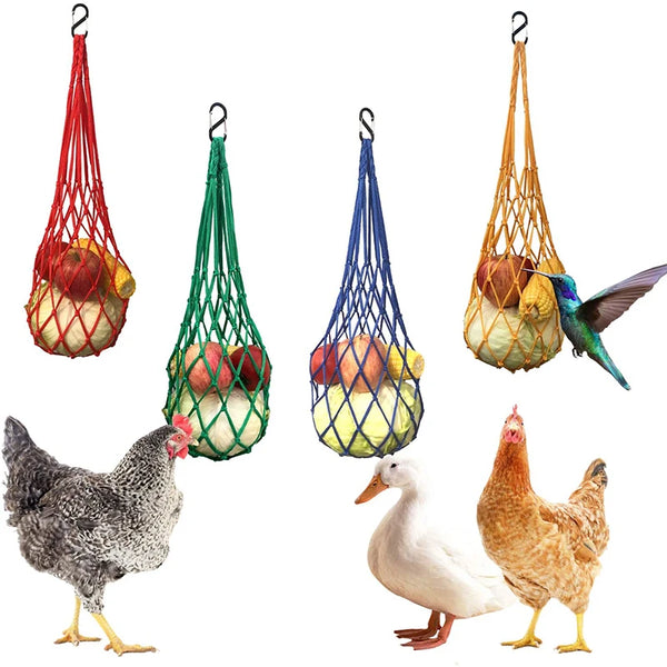 A hanging poultry vegetable feeder net with various colored balls of feed and a chicken.
