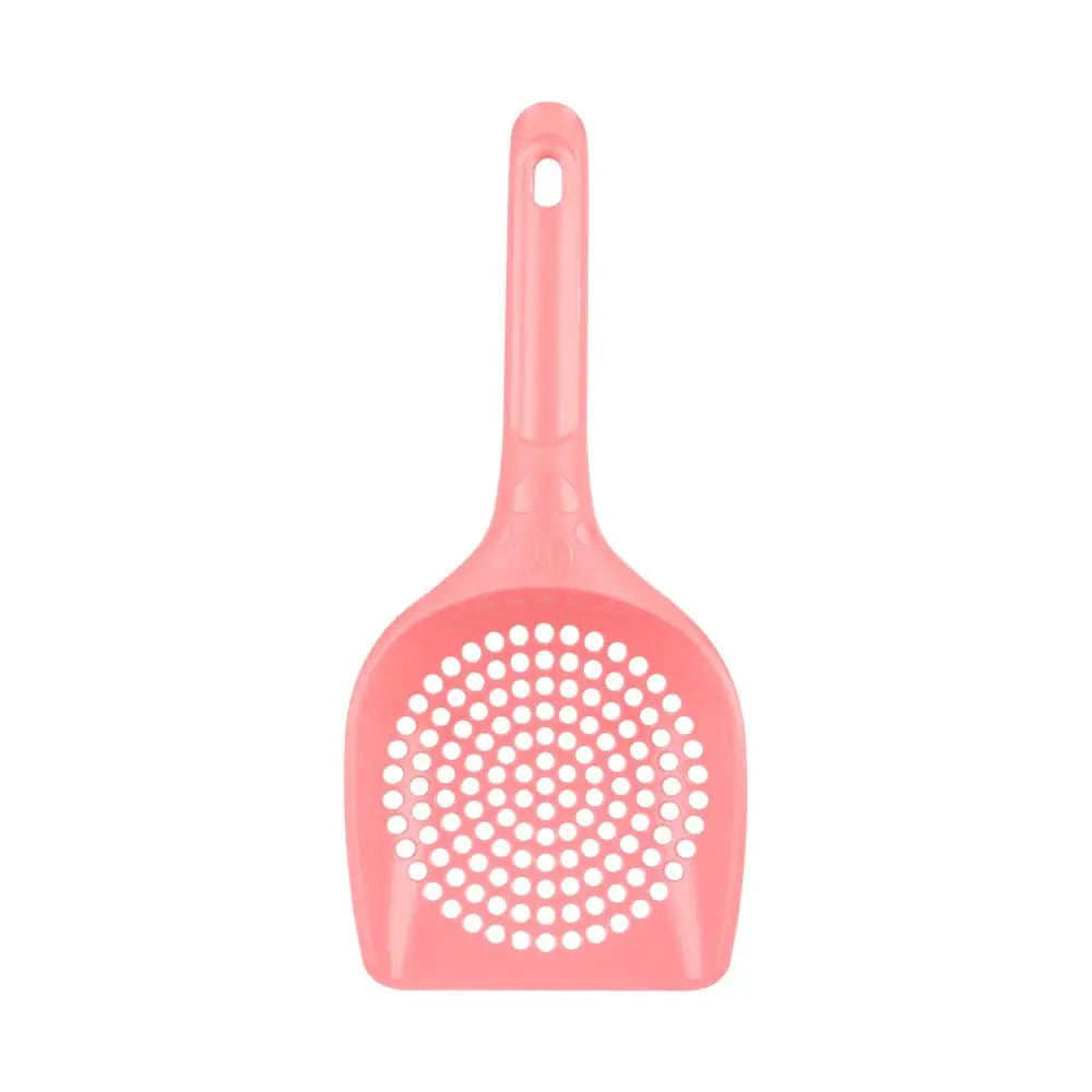 A pink pet litter scoop with a hollow sifting head.
