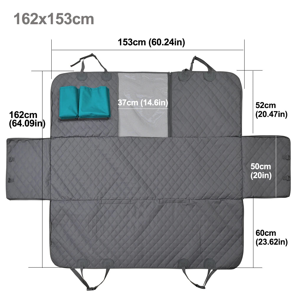 Gray waterproof dog car seat cover with a hammock design shown flat.