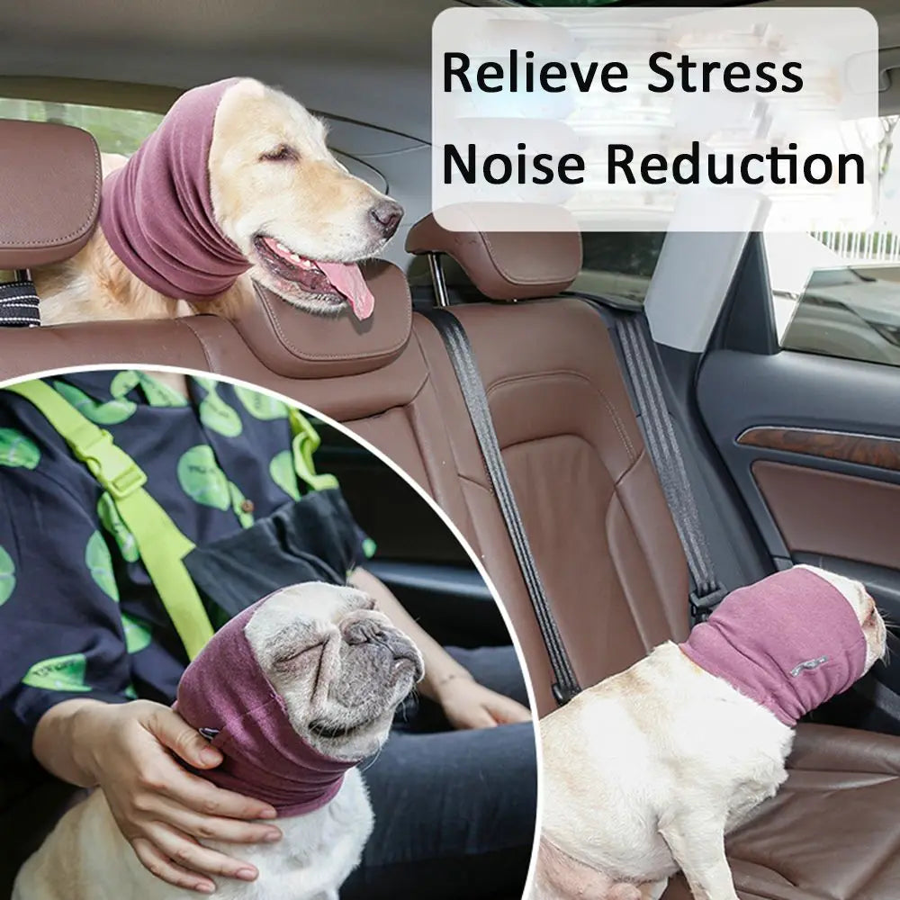 A dog wearing a pink ear muff is shown in a car seat, demonstrating noise reduction for comfort.
