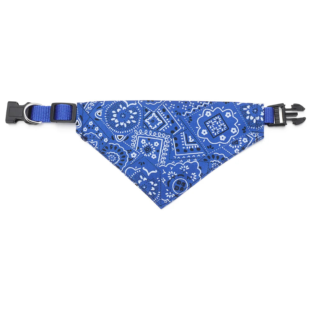 Blue patterned cotton bandana with black adjustable strap for pets