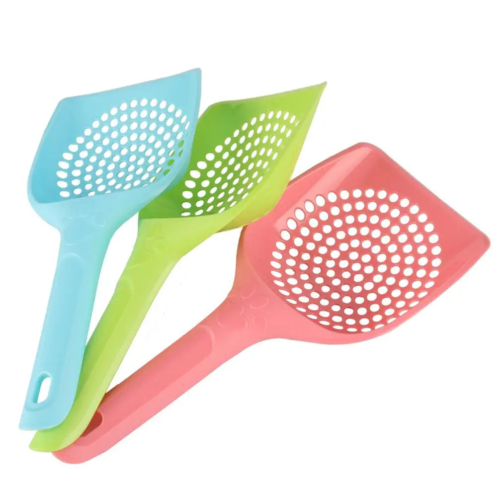Three plastic pet litter scoops in blue, lime green, and pink with hollow sifting heads
