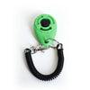 A bright green pet training clicker with a black button and a metal wrist strap.