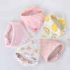 A set of five pink and white cotton triangle baby bibs with various cartoon prints laid out on a white surface.
