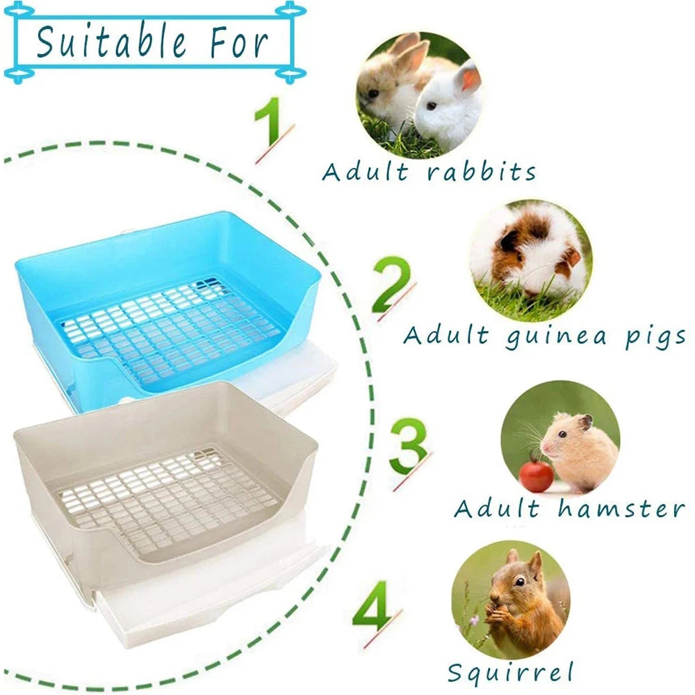 A set of four anti-overturn drawer litter boxes for small pets, shown with illustrations of rabbits, guinea pigs, hamsters, a