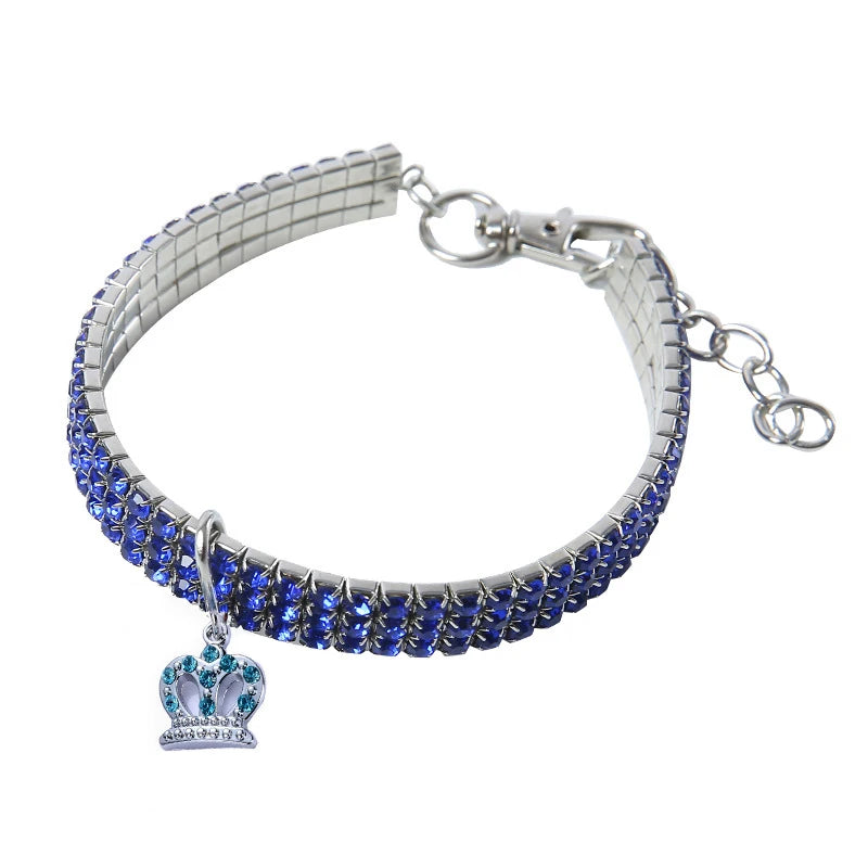 Silver rhinestone collar with a sparkling crown pendant and a silver chain.