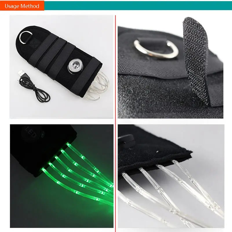 Rechargeable LED horse tail light featuring a black strap and clear light filaments.