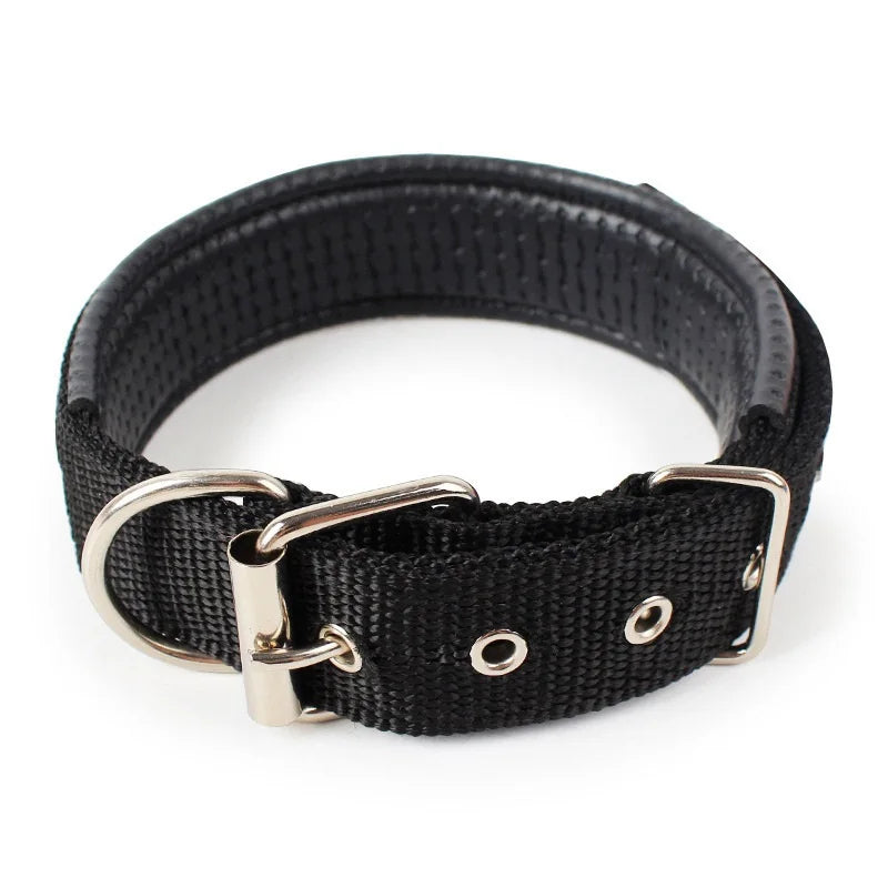 Black soft cotton adjustable dog collar with a silver buckle.