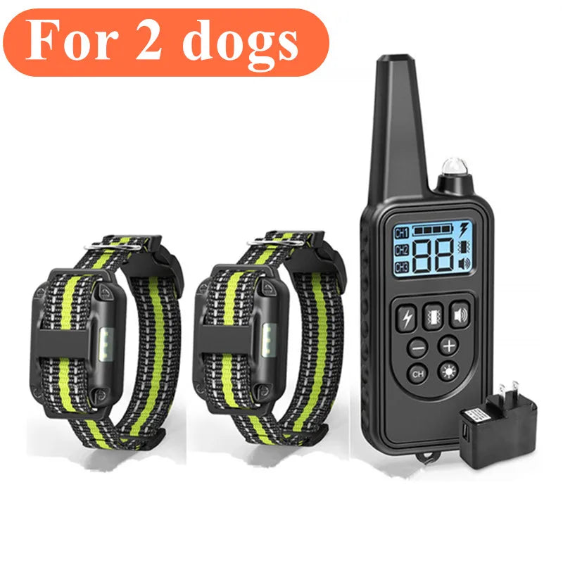 Black waterproof remote dog training collar and rechargeable transmitter for two dogs