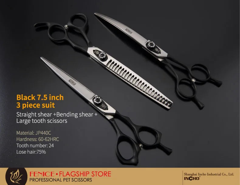 Professional 3-Piece Dog Grooming Scissors Set — Straight, Thinning & Curved