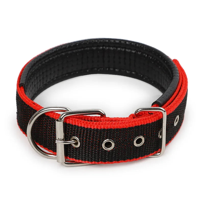 Black and red woven adjustable dog collar with silver buckle.