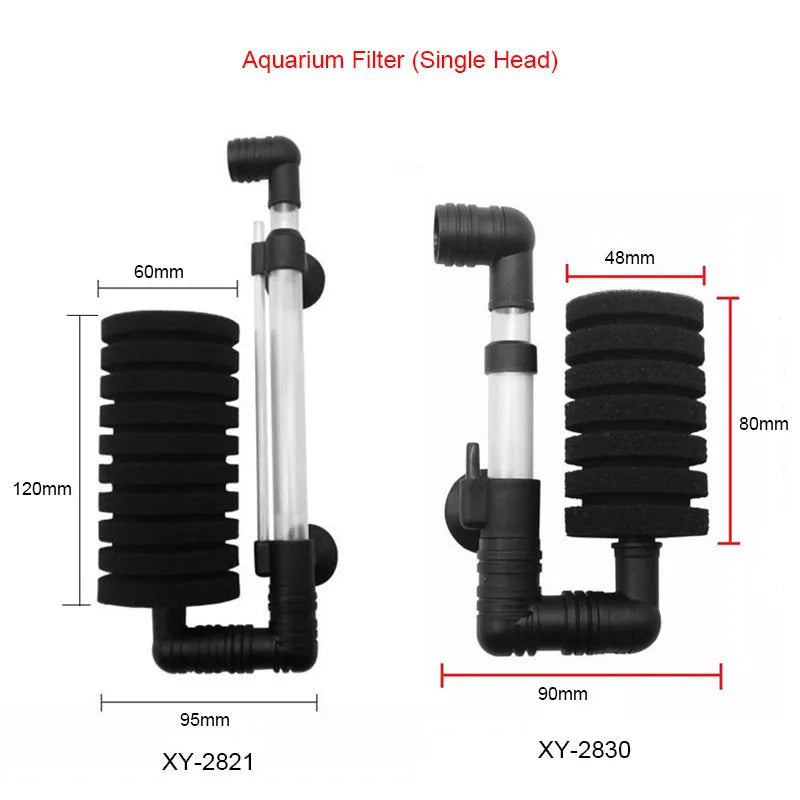 A single-head aquarium filter with a black sponge and clear tube, labeled XY-2821 and XY-2830.
