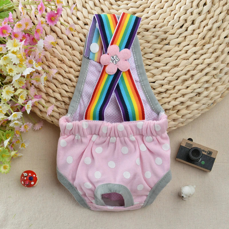 Pink and rainbow striped washable physiological dog underwear with a pink flower detail