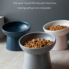 A close-up of a gray ceramic food bowl filled with dry pet food, set against a neutral background.