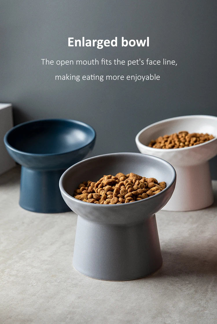 A close-up of a gray ceramic food bowl filled with dry pet food, set against a neutral background.