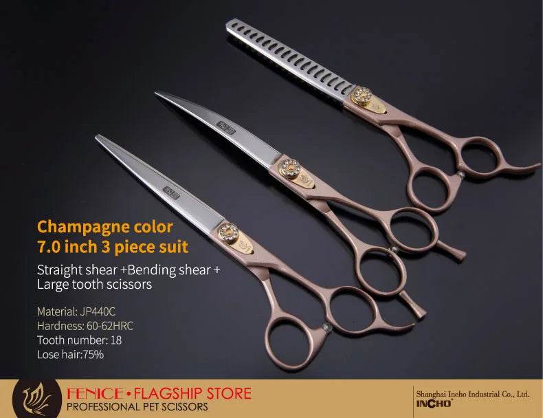 Professional 3-Piece Dog Grooming Scissors Set — Straight, Thinning & Curved