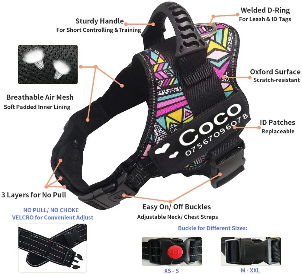 A black dog harness vest with colorful patterns, featuring a sturdy handle, breathable mesh, and ID patches.