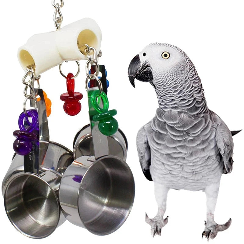 Stainless steel parrot chew toy featuring accent cups and a realistic bird figurine.