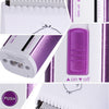 Close-up view of a white electric pet trimmer with a silver comb and purple power switch.