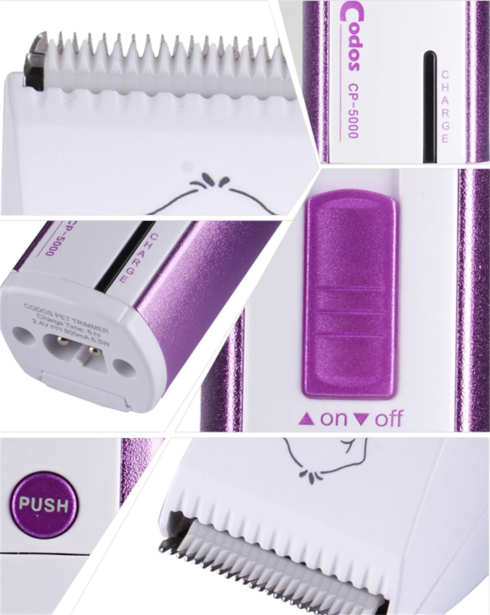 Close-up view of a white electric pet trimmer with a silver comb and purple power switch.