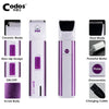 A white electric pet grooming clipper with a purple body and blade attachments shown in various views.