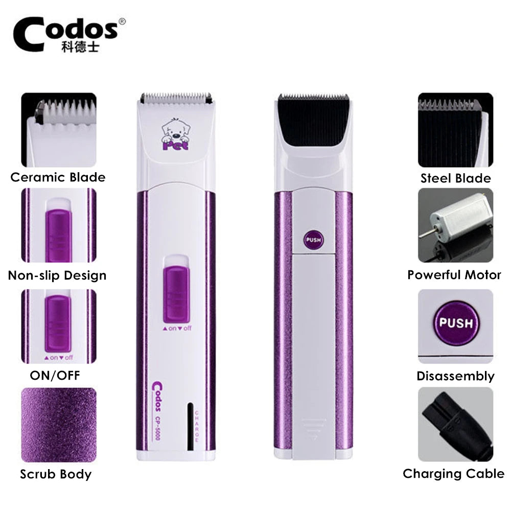 A white electric pet grooming clipper with a purple body and blade attachments shown in various views.