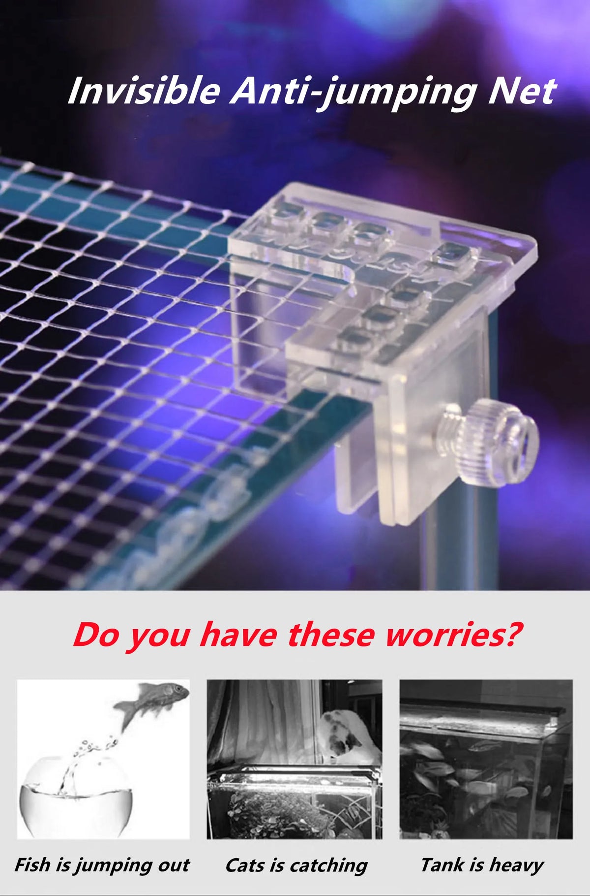 Durchsichtiger Anti-Springnetz mit Eckclips, um zu verhindern, dass Fische aus einem Aquarium springen.