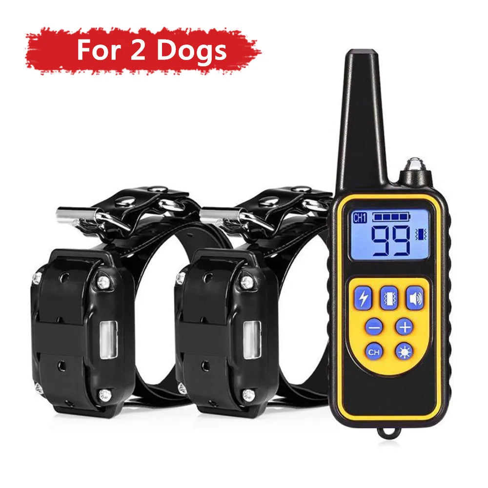 Black remote dog training collar with a yellow digital display and buttons