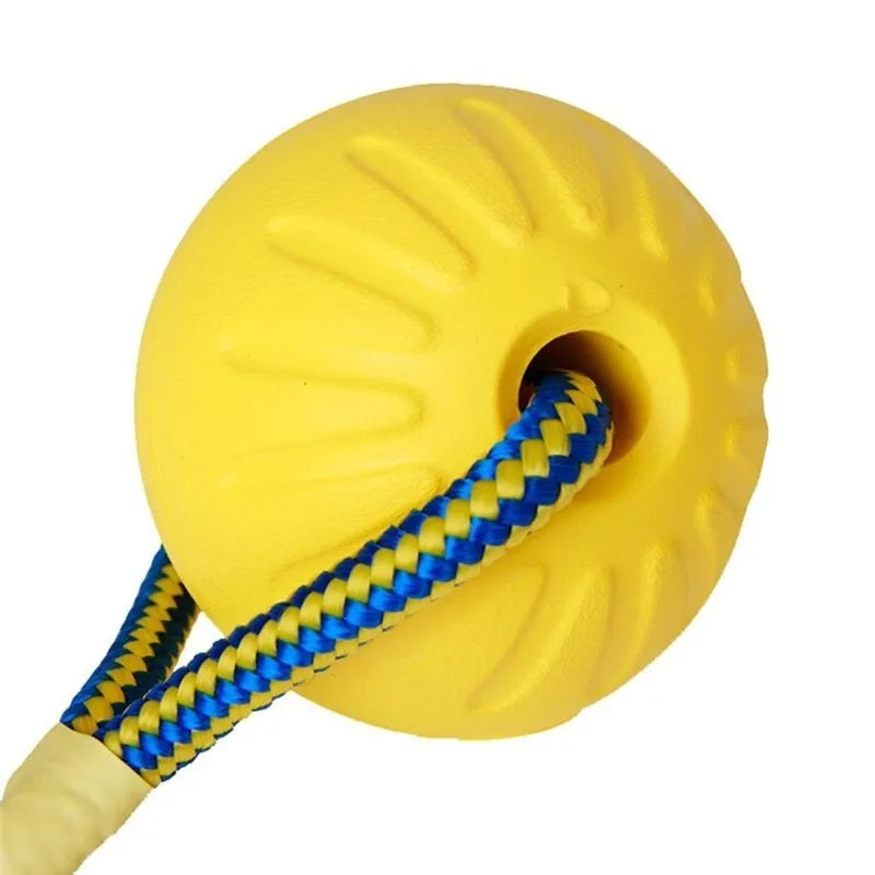 Yellow rubber dog chew ball with a blue rope for fetch and training