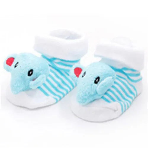 A pair of cute animal cartoon baby socks for toddlers featuring a light blue elephant design.