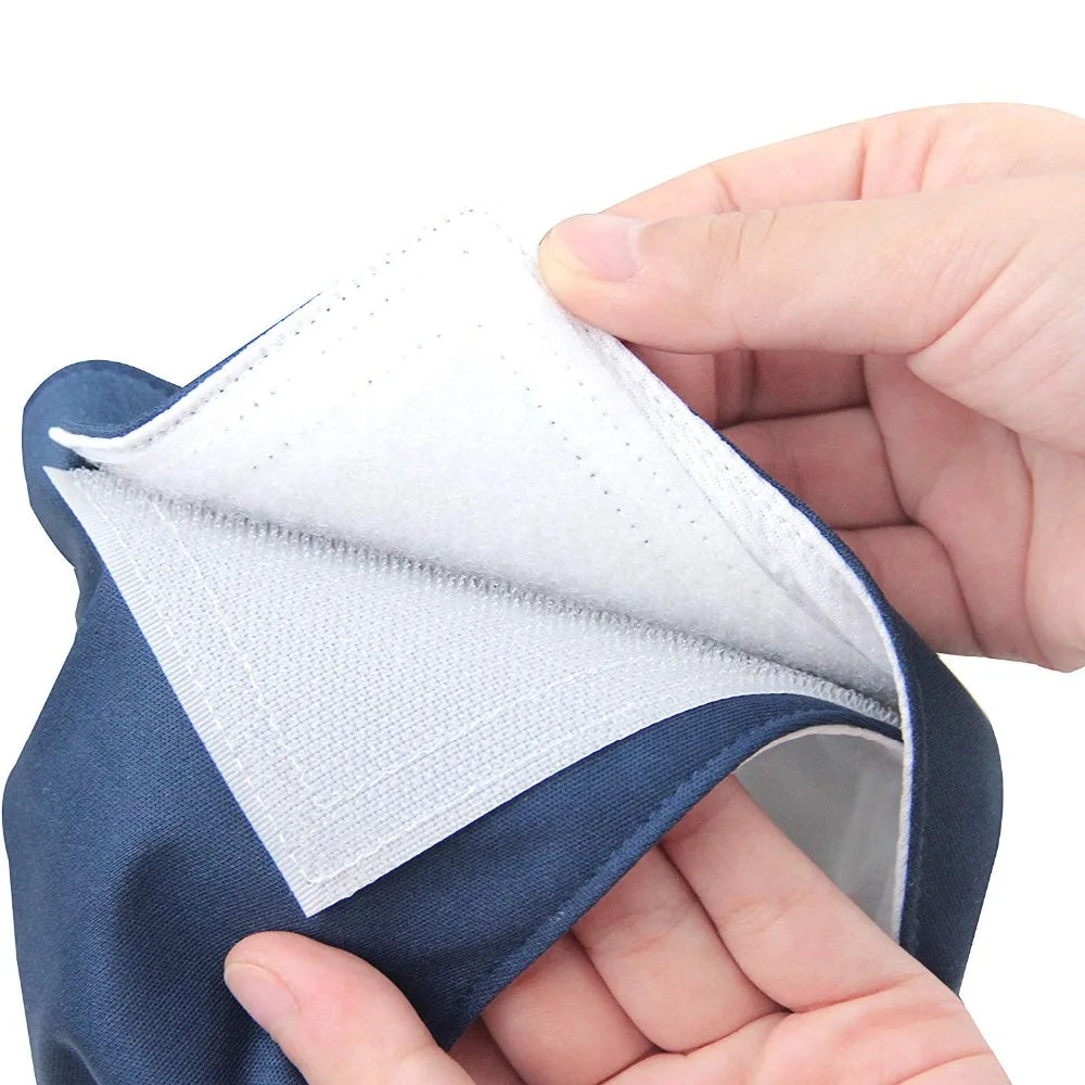 A hand holds a blue washable dog belly band product, showing the white absorbent material.