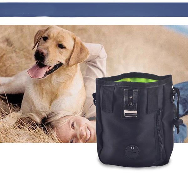 A black hands-free dog training treat pouch with a belt clip is shown next to a golden retriever.