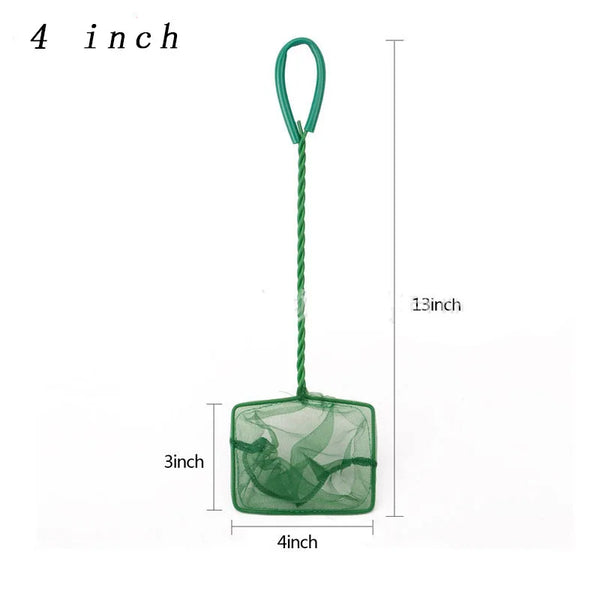 A green long-handle aquarium fish net with a 4 inch head and a 13 inch total length.