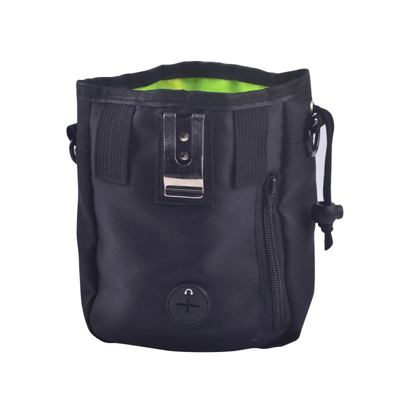 Black hands-free dog training treat pouch with a belt clip and a lime green lining.