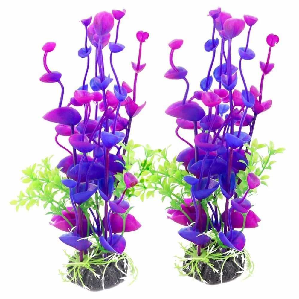 Artificial aquarium plant featuring vibrant purple and blue flowers.