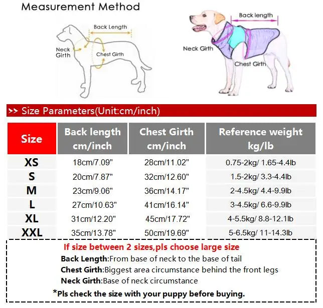 Diagram showing measurement methods for sizing a denim jacket for small dogs and cats, including back length and chest girth