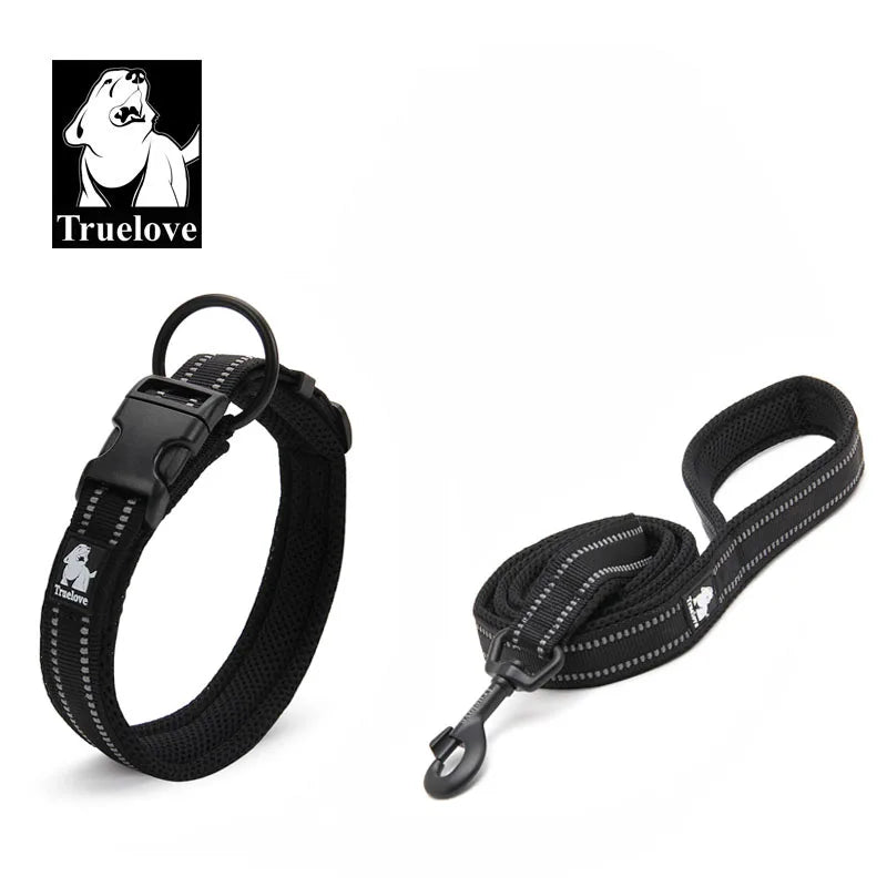 Black padded nylon dog collar and leash set with a reflective tag