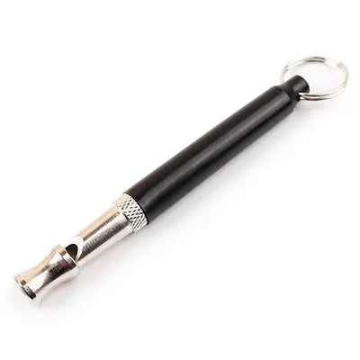 Black adjustable dog training whistle with silver metal tip and keyring loop