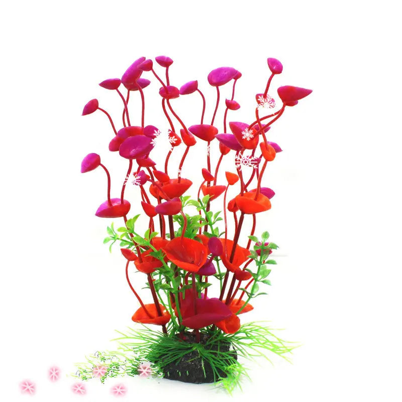 Artificial aquarium plant featuring vibrant red and purple flowers on thin stems.