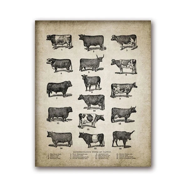 Vintage Farm Animals Poster Print - Chicken, Pig, Sheep and Horse