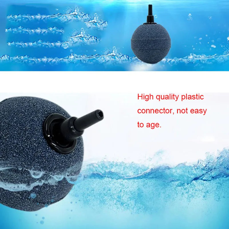 A close-up view of a dark gray plastic air stone with a connector, set against a blue water background.