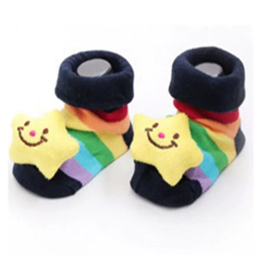 Pair of cute animal cartoon baby socks for toddlers featuring bright colors and a fluffy texture.