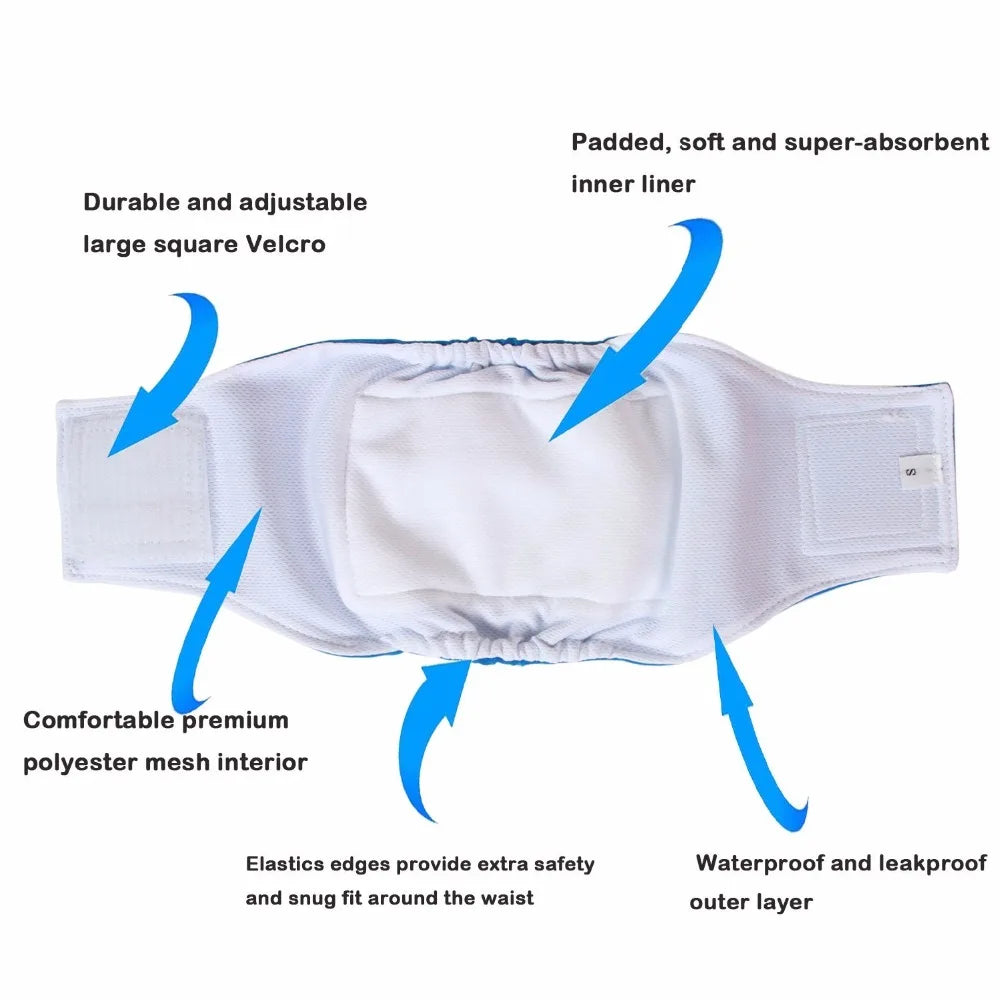 White reusable sanitary belly band for male dogs featuring a padded inner liner and waterproof outer layer